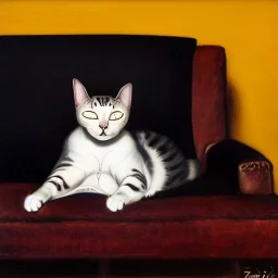 oil portrait of a Cat Sleeping in a Black sofa by Ignacio Zuloaga 8k