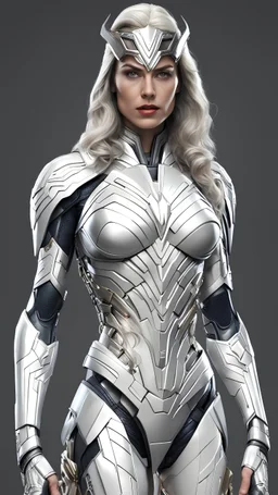 A realistic white wonder woman in a titanium cybernetic suit, detalhado, designe perfeito, alta qualidade arestas perfeitas e simetricas ::n_desenho de estilo, Low-quality imperfection, boneco, game, anime