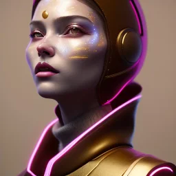 Spanish woman, painted face, rounded face, glow, trap style, brown, gold, pink, cold, latex coat, leather, nose piercing, soft color, highly detailed, art stations, concept art, smooth, unreal engine 5, god rays, ray tracing, RTX, lumen lighting, ultra detail, volumetric lighting, 3d, finely drawn, high definition, high resolution, neon background.