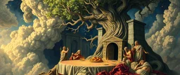 portrait of a myrriad and a star golem feast with greek gods, swirling illusion clouds, walls caving in, indian gods also, twisting grid blanket, tree with dimensional door