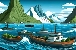 marine ecosystem Iceland mountains haddock and Atlantic cod cartoon style fishing ships