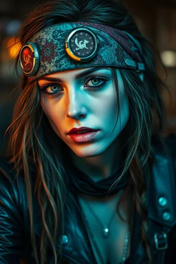 motion blur cyberpunk young biker Sharon Stone gypsy vampire with head band mods painted by Rembrandt and Titian and Giger