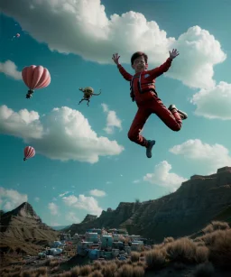 Ultra realistic thriller sky scene, portrait, Childs free jumping flying with trinkets, smile, happy, Wes Anderson style, inflatable color clothing, wind, clouds, stratosphere, soft color, highly detailed, unreal engine 5, ray tracing, RTX, lumen lighting, ultra detail, volumetric lighting, 3d, finely drawn, high definition, high resolution.