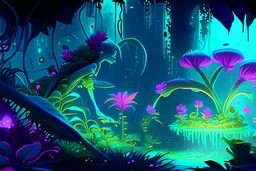 spaceship scene with a female humanoid plant made of vibrant, bioluminescent plant material. tending her garden on a spaceship Communicates through shifts in color and texture.