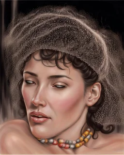 dibujo en grafito realista de rostro mujer 35 años pelo negro atado con rodete tres cuartos perfil mira frente leve sonrisa plano contrapicado