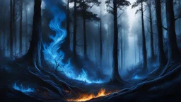 Blue fire burning a forest, hight contrast, hdr, dynamic shading, detailed shading, detailed vegetation, digital painting, detailed textures, detailed blue fire, dark art