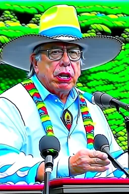 Ilustración vectorial de Gustavo Petro con gorra camisa colores negro, blanco y rojo, fondo negro