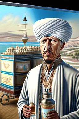 Create a panoramic 3D panel style digital drawing Painting Rajab Tayyip Erdogan he is milk seller runabout He He wears a turban and a poor costume in 1900 Ultra-wide angle Highly realistic precise details Detailed panoramic view Detailed distance Professional Quality 8K