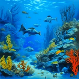A blue underwater reef with poisonous fish painted by Michelangelo di Lodovico Buonarroti Simoni