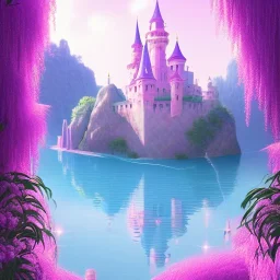 a pink castle, magical crystal pink castel, vertical light, pink and blue wisteria , pink vertical, blue lake,sharp, background vertical blue gradient vertical, elegant, highly detailed, artstation, concept art, smooth, sharp focus, illustration, 8k, splash art, wallpaper, key visual