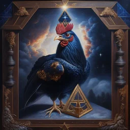 An oil painting of a dark universe masonic chicken