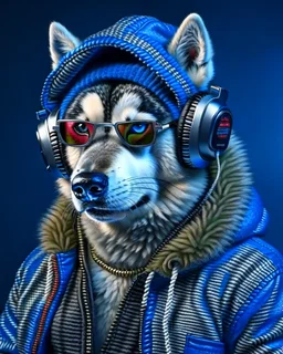 Perro Husky Siberiano with jacket, cap, dark glasses and headphones, ultra quality, hyper realistic, 3k 8D