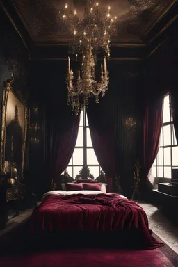 old, royal, castle, bedroom, old money, 50's, fancy, princess room, richly, gold, dark red, black, romantic, darkly, slightly goth, vampire, luxury, minimalism