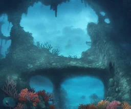 an ancient sunken temple structure, overgrown, mystical underwater shot, colorful coral reef, filtered diffraction lighting, fantasy digital art, trending on artstation