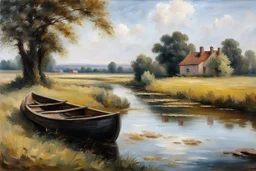 River with two old rowing boats, meadow and moor landscape, in the foreground trees and some bushes, in the background small old bridge and some old houses, oil painting, style John Constable Modifiers: oil on canvas masterpiece Oil Painting impasto brush strokes metchley