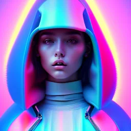 latin woman teenager, padded coat, retro futuristic, latex dress, gradient color, BLUE, PINK, CYAN, neon, insanely detailed, 16k resolution, perfect eyes, cinematic smooth, intricate detail