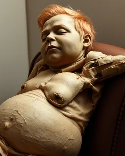 a chubby extremely mummified male corpse, eyes closed, strawberry blonde hair, leaned over in a brown chair