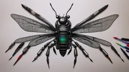 2159. Robot insect drawing a picture, holding six gel-pens in its six hands, drawing a beautiful picture with four pens, one pen in each hand. The picture is almost finished. Artistic, beautiful lighting, attractive composition, photorealistic, extremely detailed, chiaroscuro, rule of thirds