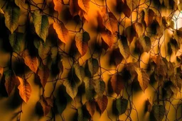 distintas hojas de enredaderas en tonos cálidos sobre una pared