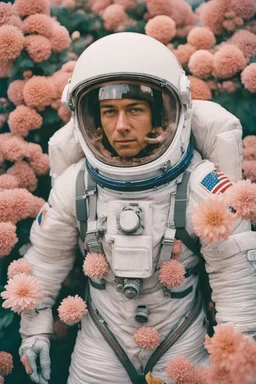 Portra 400 high dpi film scan of a NASA astronaut wearing a space suit made of millions of flowers. Editorial for NASA. floral edition