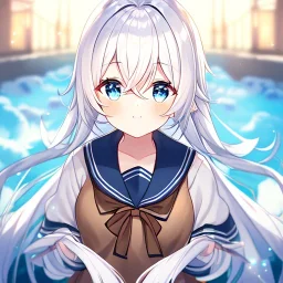 Clear focus, High resolution, long white hair, hair between eyes, straight long locks, sparkling blue eyes, wearing a sailor uniform, wearing a sailor skirt, wearing a brown vest, cute, 1girl, fluffy hair