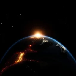 4k full details full lights planete Terre en feu vue de l'espace en arrière plan. Un roi conquérant montre la planète du doigt