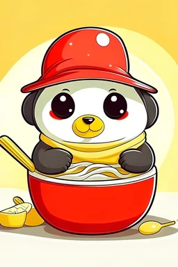 kawaii style, Cute baby penguin wearing a red hat and yellow scarf eating a bowl of ramen noodles with chopsticks
