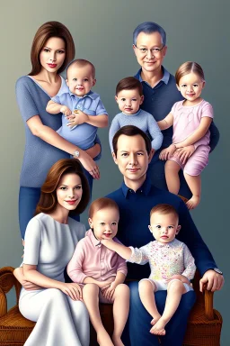 A family painting of a beautiful modern family with two parents and five kids, photo - realistic