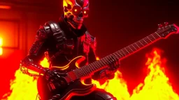 4K. REALISTIC FULL DETAILS. UN TERMINATOR DEBOUT AVEC UNE GUITARE EN MAINS FIRESTARTER; flammes en fond