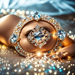 very beautiful fashion lady laying on a big diamond wearing nice bride, lights reflecting on diamond and her jewels