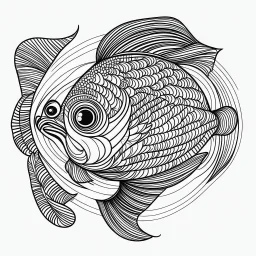 Fish, front face view, mandala, minimal lines, cartoon, white back ground color, real style, realistic, minimalistic, minimal black line art, line art, crisp line art, unique coloring sheet, outlined, outline, crisp, crisp line edges, illustration, thin lines, crisp clear lines, line art, clean line art, unique, 8k, amazing, masterpiece, no colors, no dark color, no black color, avoid thick black, minimalistic line edges, pure white back ground, image character full fit to page,