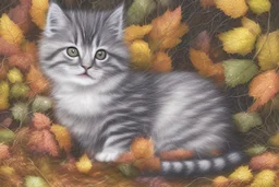 Cute soft contented kitten sweeping autumn leaves from the dirt road in the forest, reflecting water, misty morning sky, intricate zentangle, muted colours, employ golden ratio, elegant, intricate, very beautiful, high definition, hdr, pencil sketch, ultra realistic, ink, wet on wet watercolor, sparkling background