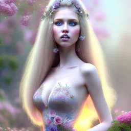 corps entier avec pieds de belle jeune femme féerique blonde avec cheveux longs, yeux bleus , beau visage détaillé, robe longue rose, dans un jardin magique et fleuri