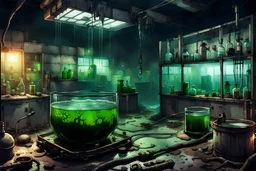 abandoned lab, one large glass vat filled with fluid and an experimental ghoul, post-apocalyptic style, night