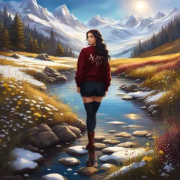 country side ,blue sky , snow on mountains, pretty clouds ,small rocky river with clear water small rocks in floor,wild flowers,beautiful Snow White, long shiny black curvy hair, wearing a burgundy sweater with the word Azerbeyjan written on it, in gold, work clothes, standing, super realistic Fairy lights, intricate detail, texture, depth, vividness, movement, namex, energy, bioluminescence, stunning, epic, ultra-detailed, 8K photography by Miki Asai Macro, close-up, extremely detailed, po