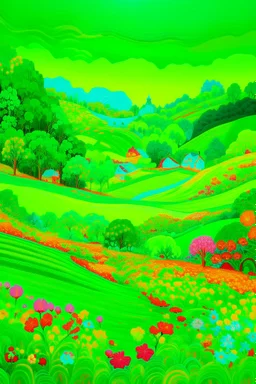 A neon green hilly fields with flowers painted by Xul Solar
