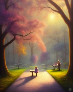 park mystical dream, park bench, man, woman, child, dog, trees, path, bird, sunshine, mystical, fantasy, romanticism, pastel colors, daylight, daytime, acrylic painting, detailed, soft focus,