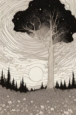 Peaceful, Jean Giraud, night sky filled with galaxies and stars, trees, flowers, black ink, one-line drawing, sharp focus, 8k, 3d