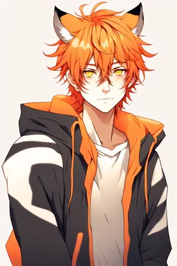 A young adult male human, cat ears, orange messy hair anime realistic tiger stripes