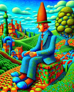 Created with Bing / Dall-E 3 option, using variations of the prompt below. ♨️ Prompt: (((Magritte, Klimt, Miró effect))). Monolithic man, Blue/yellow checkered suit, black hat, red hair, sitting on a grassy mound. Steam locomotive approaching a red brick tunnel under the mound. Surreal helix trees with green/orange foliage. Metallic blue crooked dwellings with cracked glaze and smoking stacks. A dark blue sky with flying birds and snow-capped mountains. Ultra Detailed, 3D, 16K. Modern Surrealism