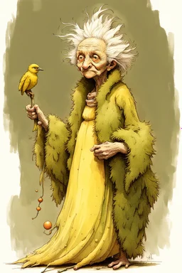 Artist Jean-Baptiste Monge style. A biomorph banana-headed old woman. White eyes. A yellow dotted green furry feathered fluffy dress.