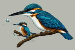 A beautiful kingfisher sitting on a branch. Holding fish in beak. Waterpearls on feathers. Highly detailed, smooth colours, realistic landscape