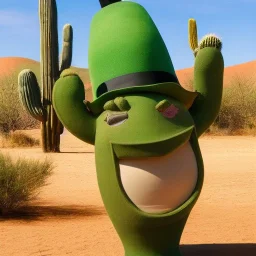 A giant, talking cactus wearing a top hat and monocle, standing in the middle of a desert oasis.