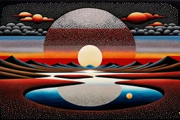 Pointillism surreal abstract landscape, standing and floating geometric shapes, circles, ovale and squares with overlapping shadows, and reflections in iced-desert scene, deep colours, surreal sky, lightning, impasto style with black-red ink, masterpiece