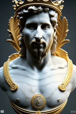 Ultra Realistic image, classical renaissance sculpture, white marble material, Lionel Messi, emperor style, gold Laurel leaves crown, chisel style, waist up portrait, epic, celestial, cinematic lighting, God light, god rays, 4k resolution, smooth details, ornate details, soft lighting, unreal engine 5, marble background.