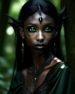 beautiful, japanese and mongolian facial features, brown skin, black make up, tiny nose, green iris, dark elf, drow, elf, black hair, pointy ears, druide, black dress, forest, mystic, soft light, nature, shabby, natural