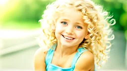 A cute little girl, curly blonde hair, the look on her smiling face.