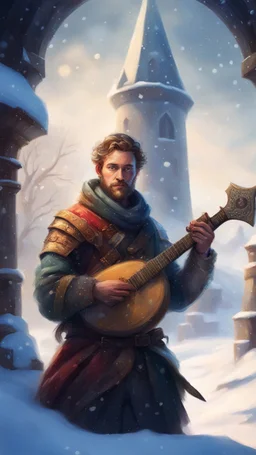 portrait of bard man with sword and lute in the snow garden holding a tower fortification, magazine cover illustration with oil paint and spray paint, signed, bokeh like, down-light, unreal engine, prize winning