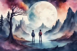 concept art water color style for teenagers in other planet watching the moon and mountains having adventure two teenagers mystery weird cretures trees exiting