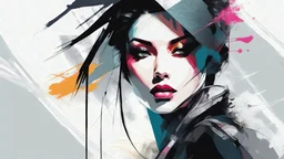 aesthetic, painterly style, modern ink, akali, akali custom, sensual, sultry, dark blouse, expressive pose, urbanpunk, abstract texture multilayer background, neo-expressionist , Russ Mills, Ian Miller